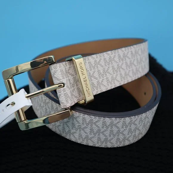 Michael Kors Vanilla Logo Signature Faux Leather Gold Buckle Belt, Size Large - Picture 3 of 14